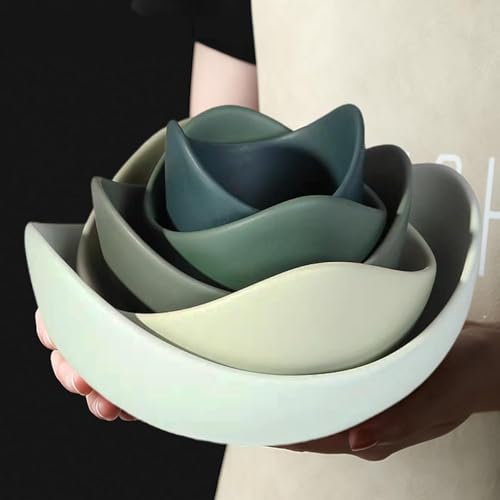 Itzacart Ceramic Bowls Set, 5Pcs/Set Creative Lotus Fruit Salad Cereal Bowl, Home Decorative Bowl, Porcelain Bowls for Kitchen, Microwave Safe Bowl for Desserts Candy (Green)