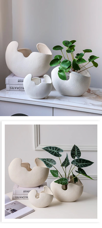 Modern ceramic egg shaped white tabletop vase